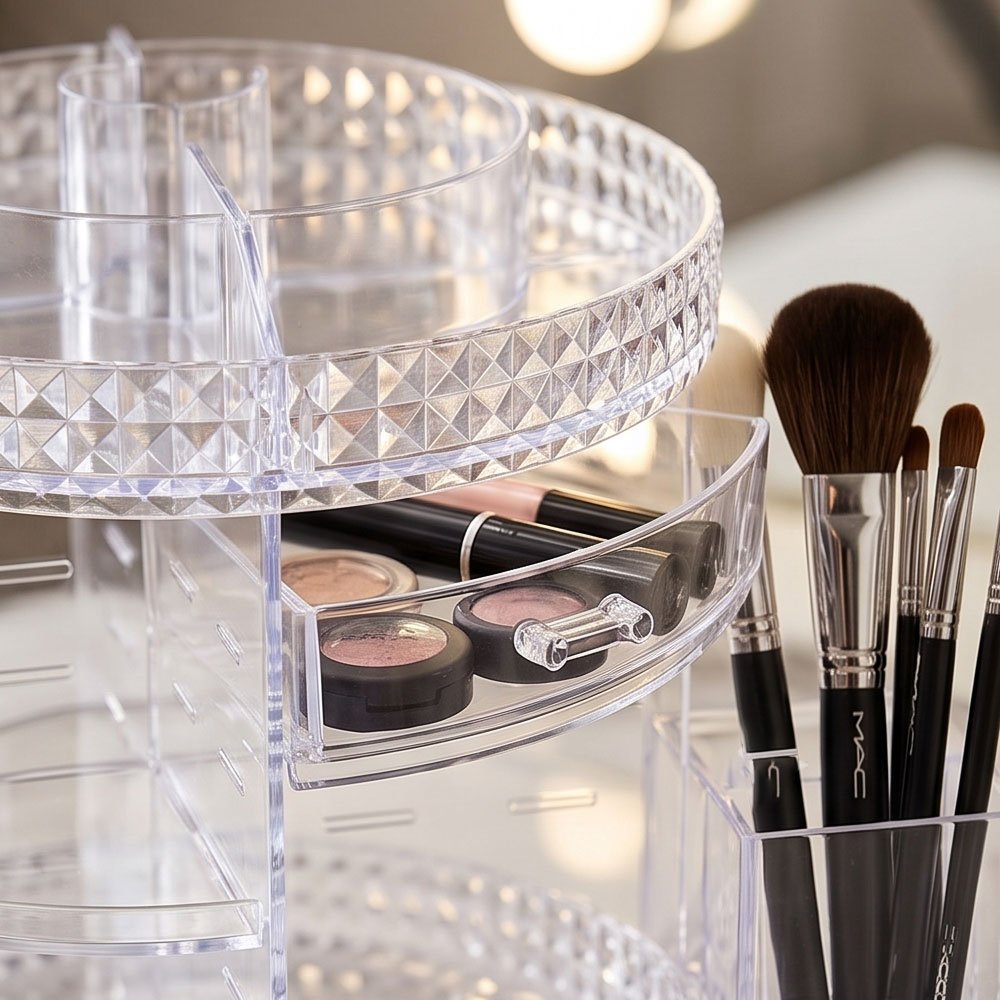 360 Rotating Makeup Organizer 2 in 1 Acrylic Cosmetic Storage with Brush Holder - Image 4