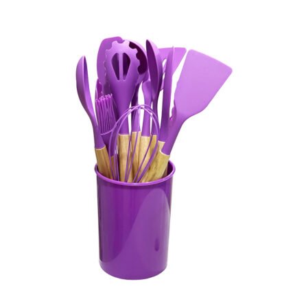 Heat-Resistant Silicone Kitchen Utensil Set with Natural Wooden Handles and Storage Bucket