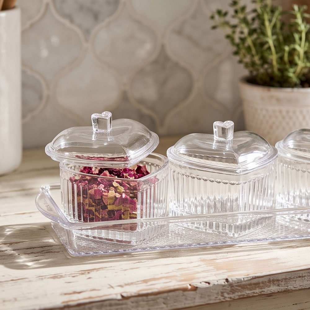 4 in 1 Acrylic Snack and Spice Serving Set with Heart Shaped Bowls and Tray - Image 2