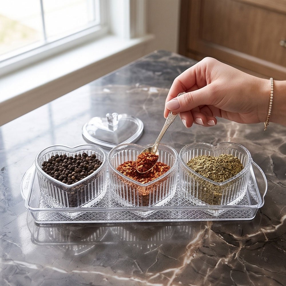 4 in 1 Acrylic Snack and Spice Serving Set with Heart Shaped Bowls and Tray - Image 3