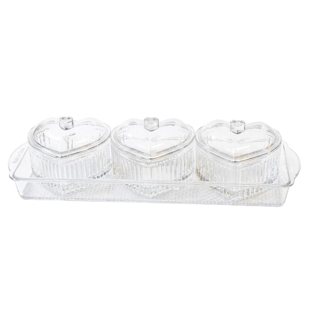 4 in 1 Acrylic Snack and Spice Serving Set with Heart Shaped Bowls and Tray