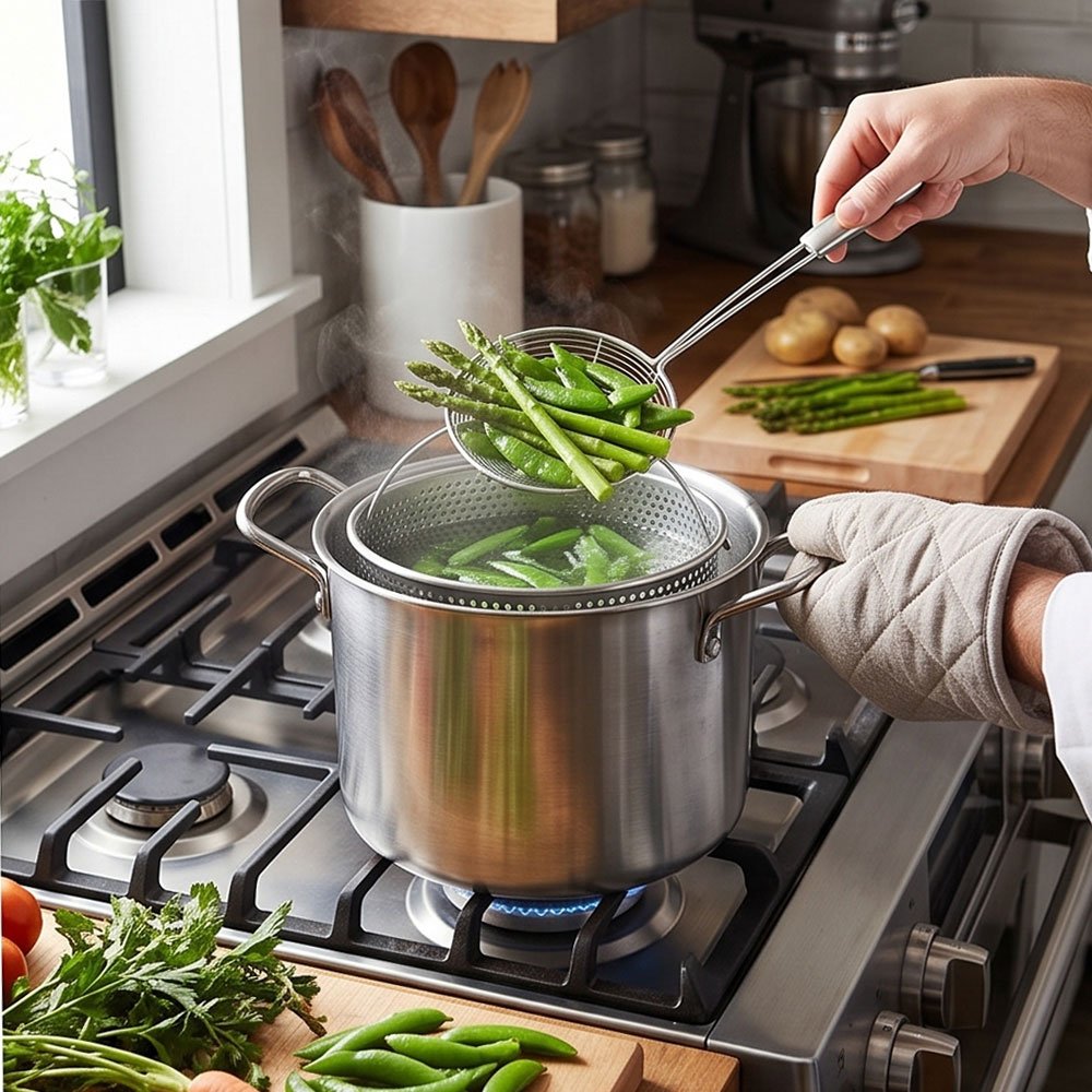 Stainless Steel Deep Multi-Purpose Cooking and Frying Pot with Strainer Basket - Image 2