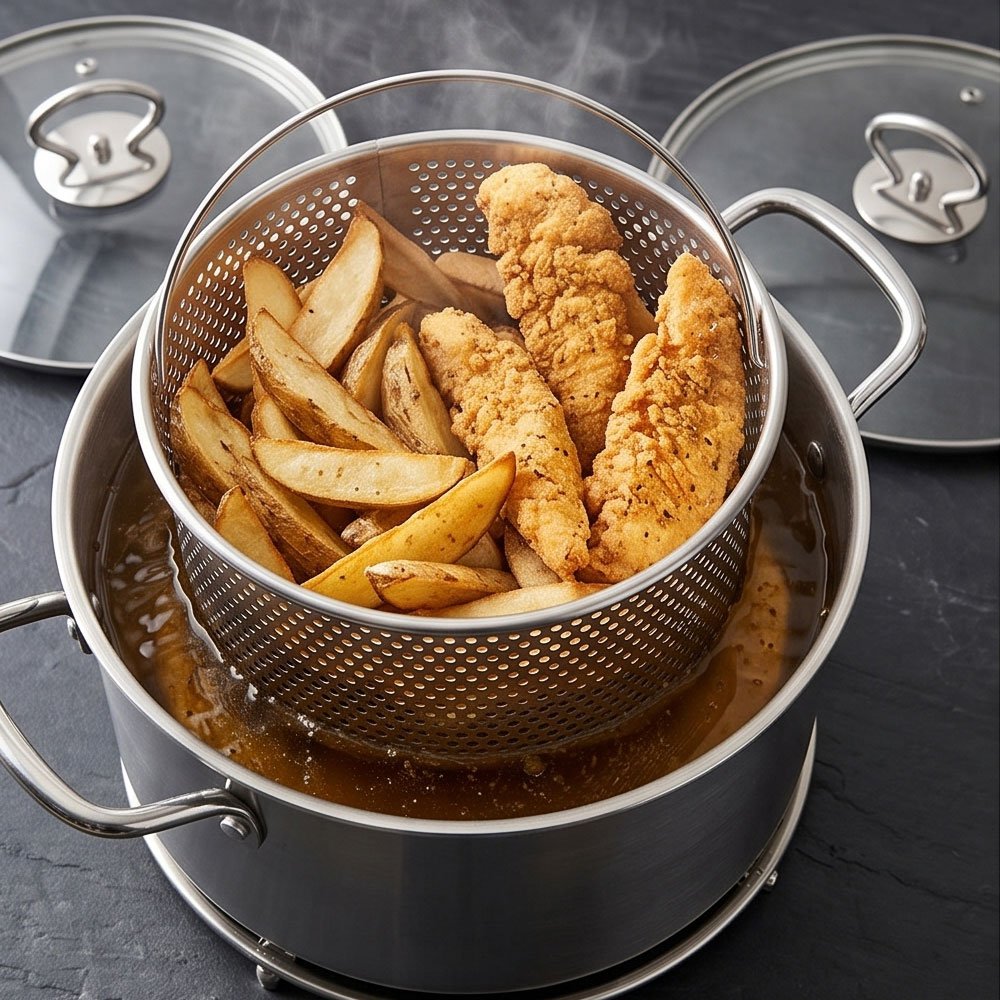 Stainless Steel Deep Multi-Purpose Cooking and Frying Pot with Strainer Basket - Image 4