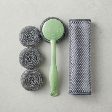 5 in 1 Stainless Steel Scouring Pad Set with Long Handle and Cleaning Cloth