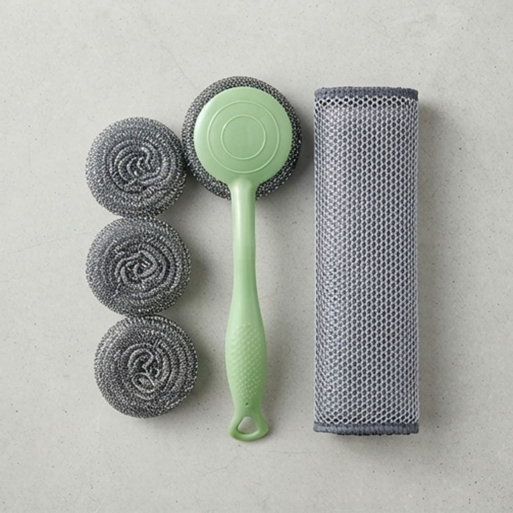 5 in 1 Stainless Steel Scouring Pad Set with Long Handle and Cleaning Cloth