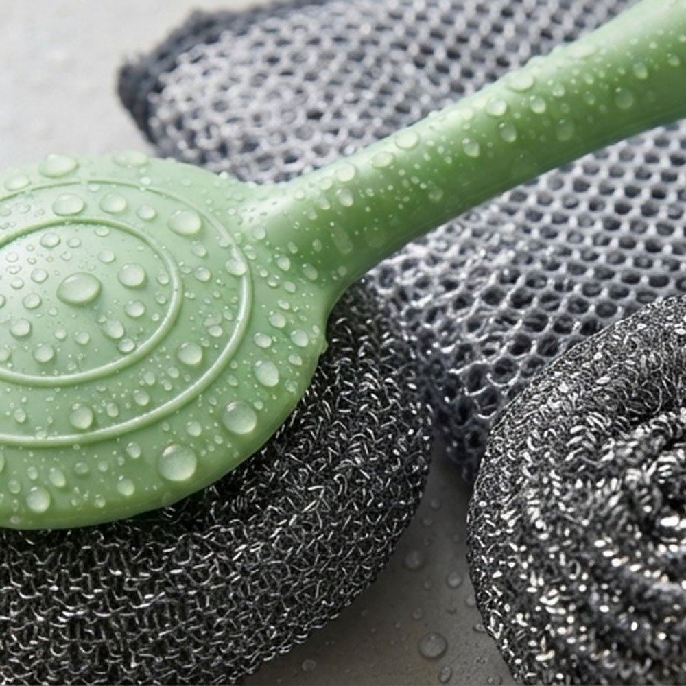 5 in 1 Stainless Steel Scouring Pad Set with Long Handle and Cleaning Cloth - Image 2