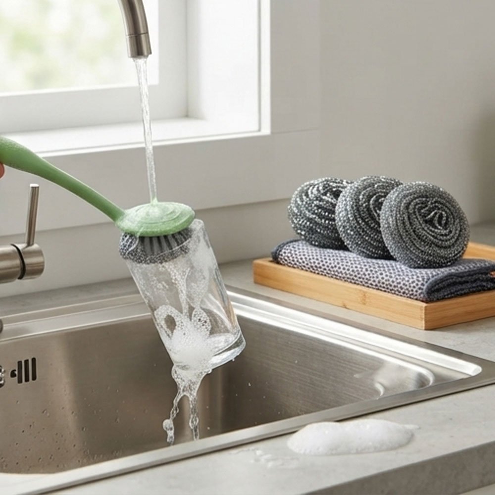5 in 1 Stainless Steel Scouring Pad Set with Long Handle and Cleaning Cloth - Image 3
