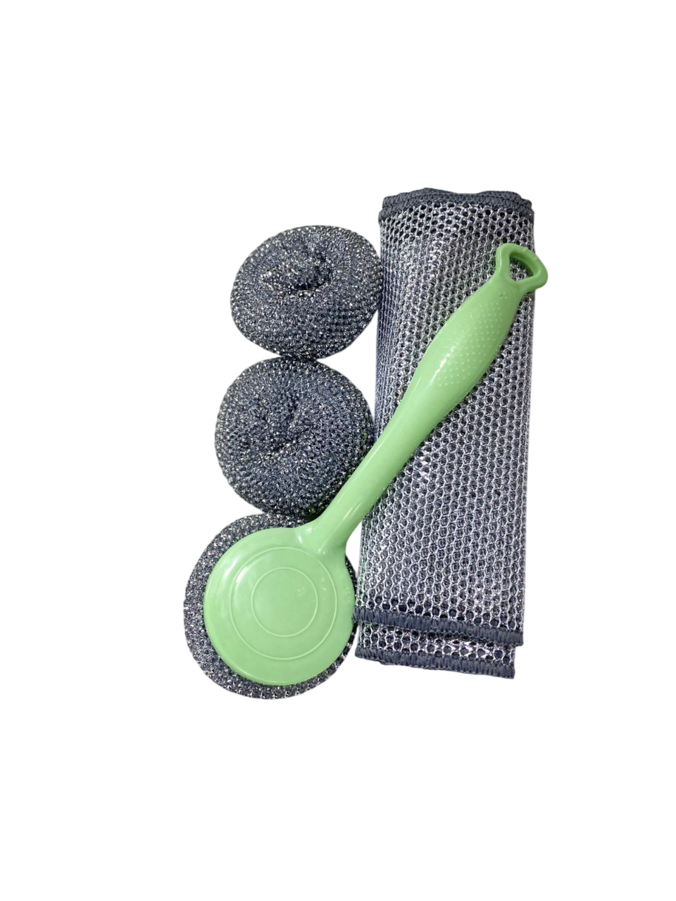 5 in 1 Stainless Steel Scouring Pad Set with Long Handle and Cleaning Cloth - Image 4