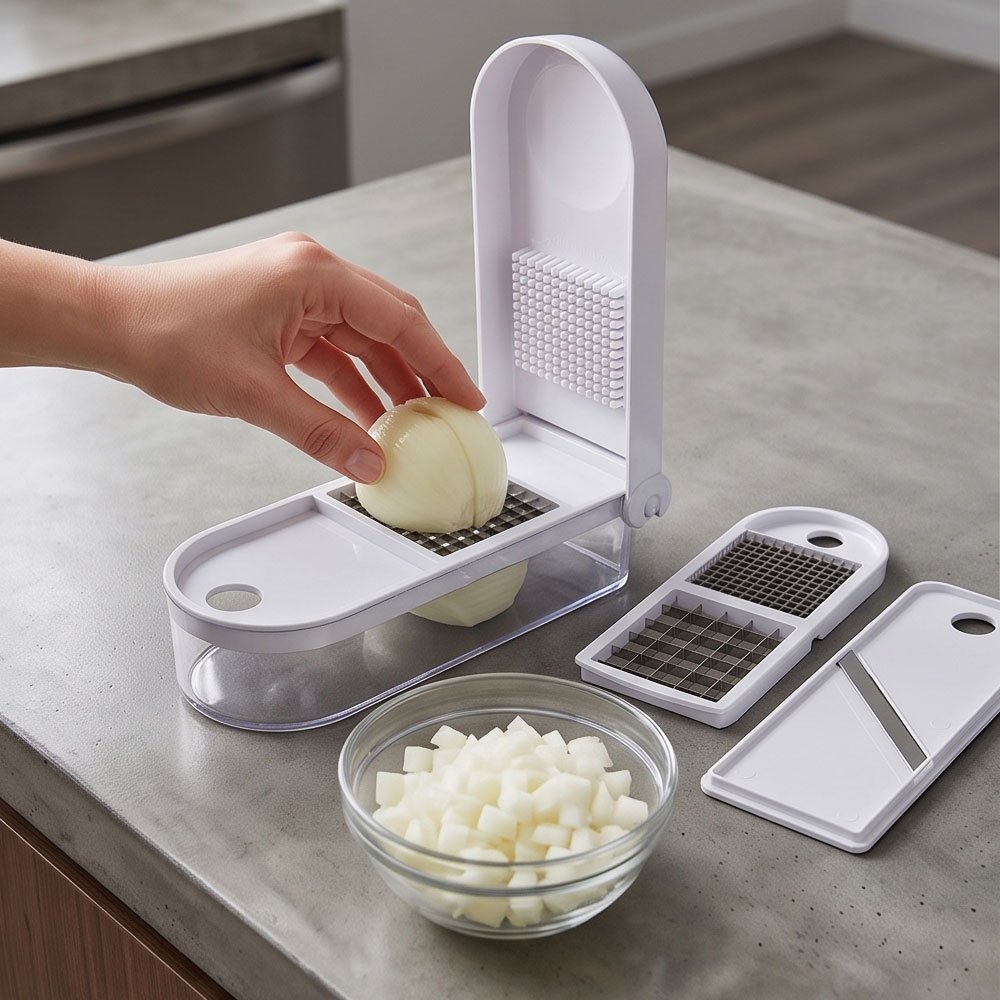Manual Vegetable Chopper 3 Interchangeable Stainless Blades with Container