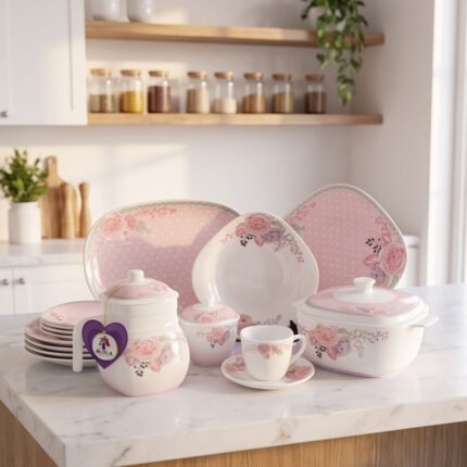 66-Piece Modern Square Opal Glass Dinner Set with Delicate Floral Design for Family Dining