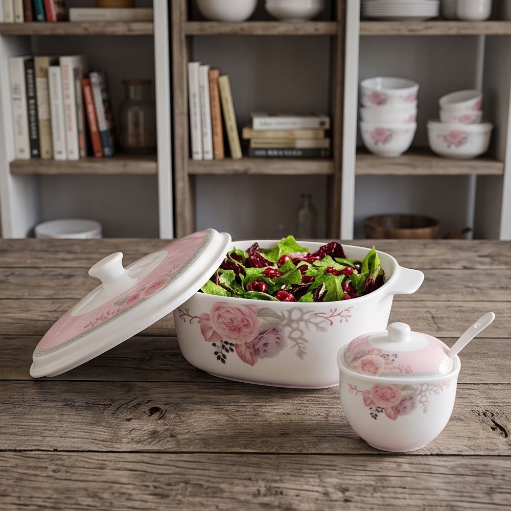 66-Piece Modern Square Opal Glass Dinner Set with Delicate Floral Design for Family Dining - Image 2