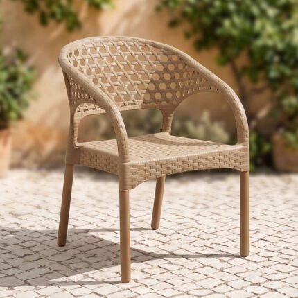 Durable Kids Plastic Armchair with Wicker Rattan Pattern and Mesh Backrest for Playrooms & Gardens