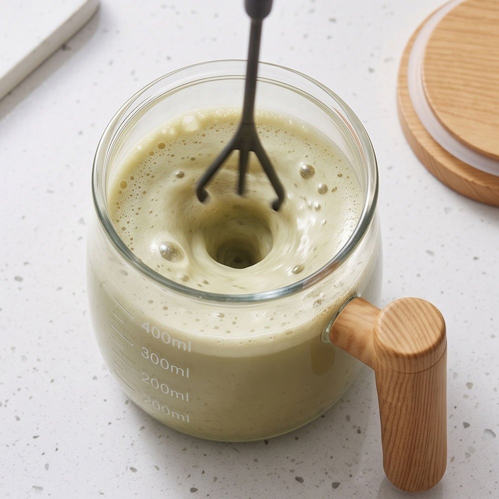 400ml Automatic Self-Stirring Glass Mug with Wooden Handle & Electric Lid - Image 2