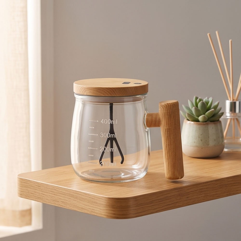400ml Automatic Self-Stirring Glass Mug with Wooden Handle & Electric Lid - Image 3