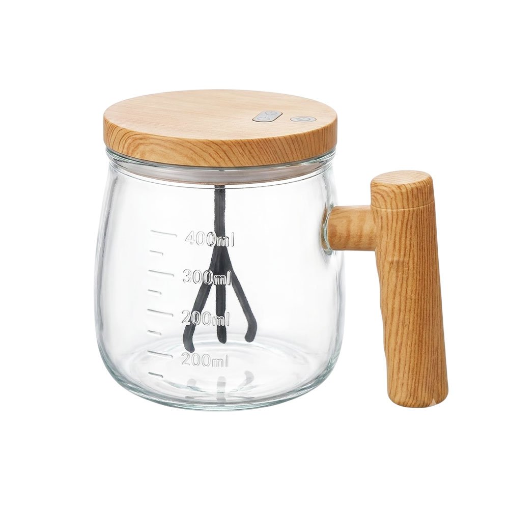 400ml Automatic Self-Stirring Glass Mug with Wooden Handle & Electric Lid