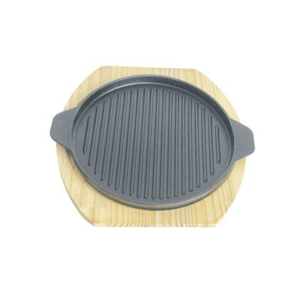 Cast Iron Round Grill Pan Sizzler Plate with Wooden Underliner Base