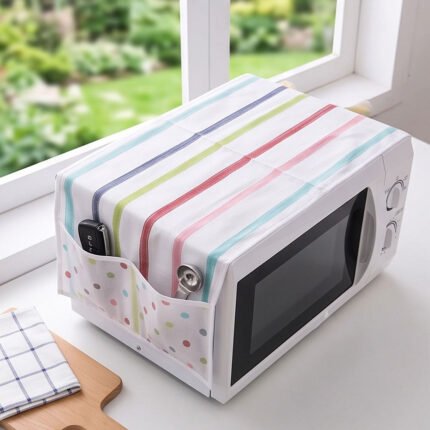 Microwave Dust Cover Anti-Proof Storage Organizer with Side Pockets Striped