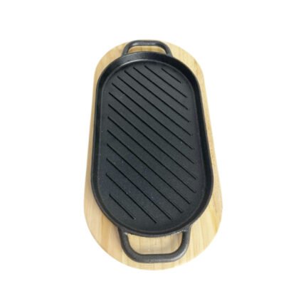 Cast Iron Oval Grill Pan Sizzler Plate with Wooden Underliner Base