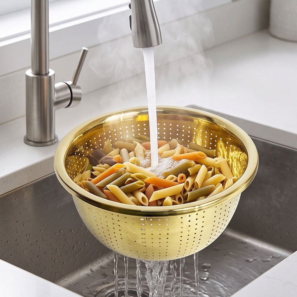 Gold Stainless Steel Colander Strainer Bowl Size 28 cm for Kitchen Prep & Washing - Image 3