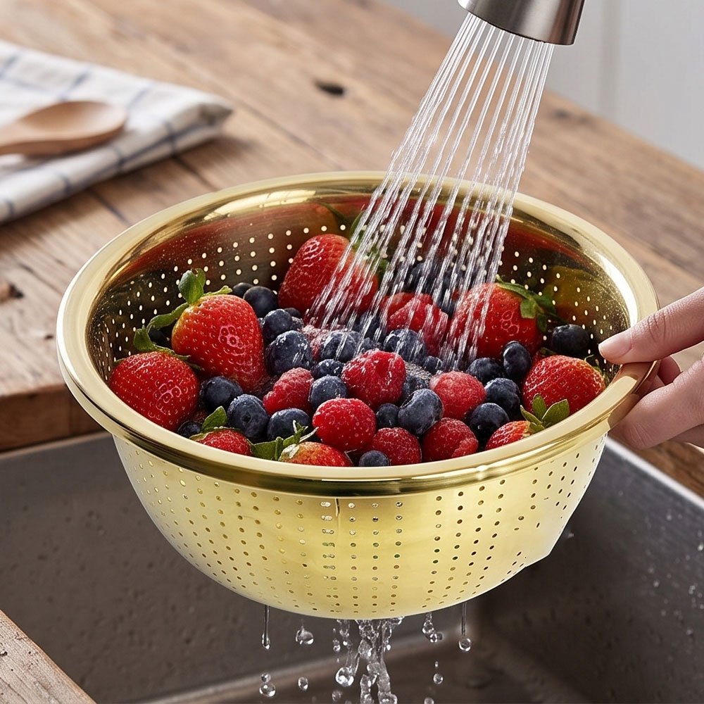 Gold Stainless Steel Colander Strainer Bowl Size 28 cm for Kitchen Prep & Washing - Image 4