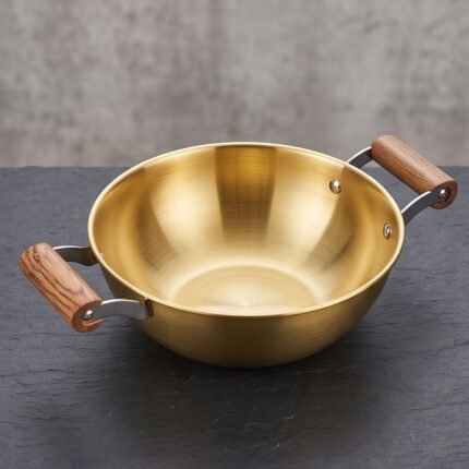 Gold Stainless Steel Salad and Serving Bowl with Wooden Side Handles Basin