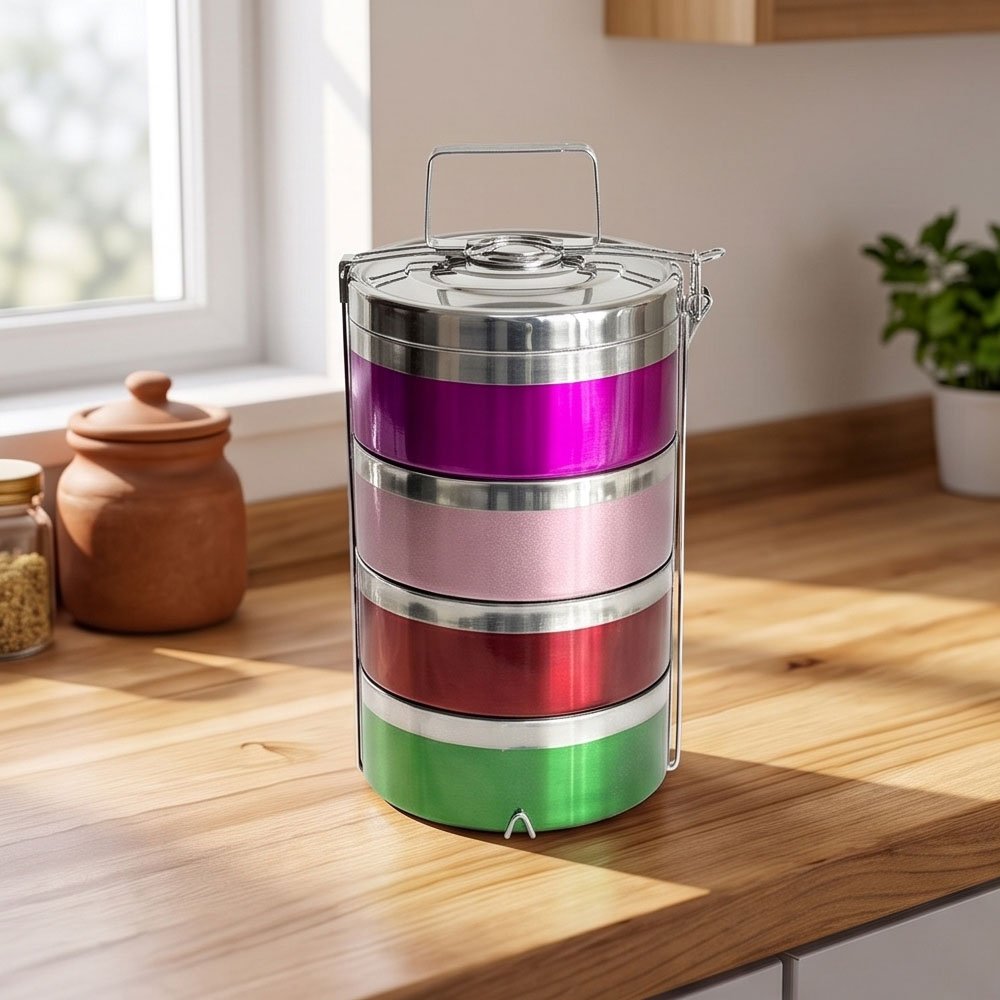 4-Layer Insulated Stackable Stainless Steel Lunch Box Tiffin with Multi-Colors - Image 5