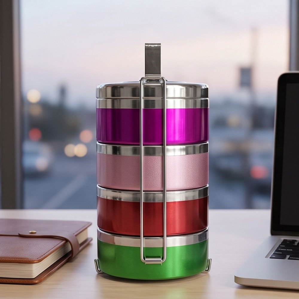 4-Layer Insulated Stackable Stainless Steel Lunch Box Tiffin with Multi-Colors - Image 3