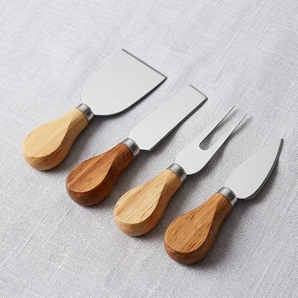 4-Piece Stainless Steel Cheese Knife Set with Ergonomic Wooden Handles Tools