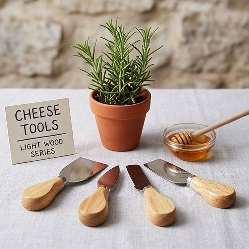 4-Piece Stainless Steel Cheese Knife Set with Ergonomic Wooden Handles Tools - Image 4