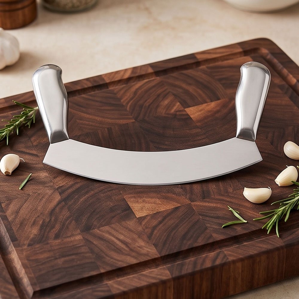 Stainless Steel Mincing Knife Mezzaluna Chopper with Ergonomic Metal Handles - Image 4