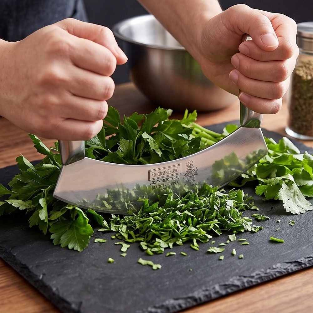 Stainless Steel Mincing Knife Mezzaluna Chopper with Ergonomic Metal Handles - Image 2