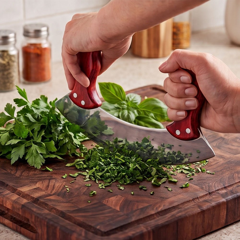 Stainless Steel Mincing Knife Mezzaluna Chopper with Ergonomic Wooden Handles - Image 2