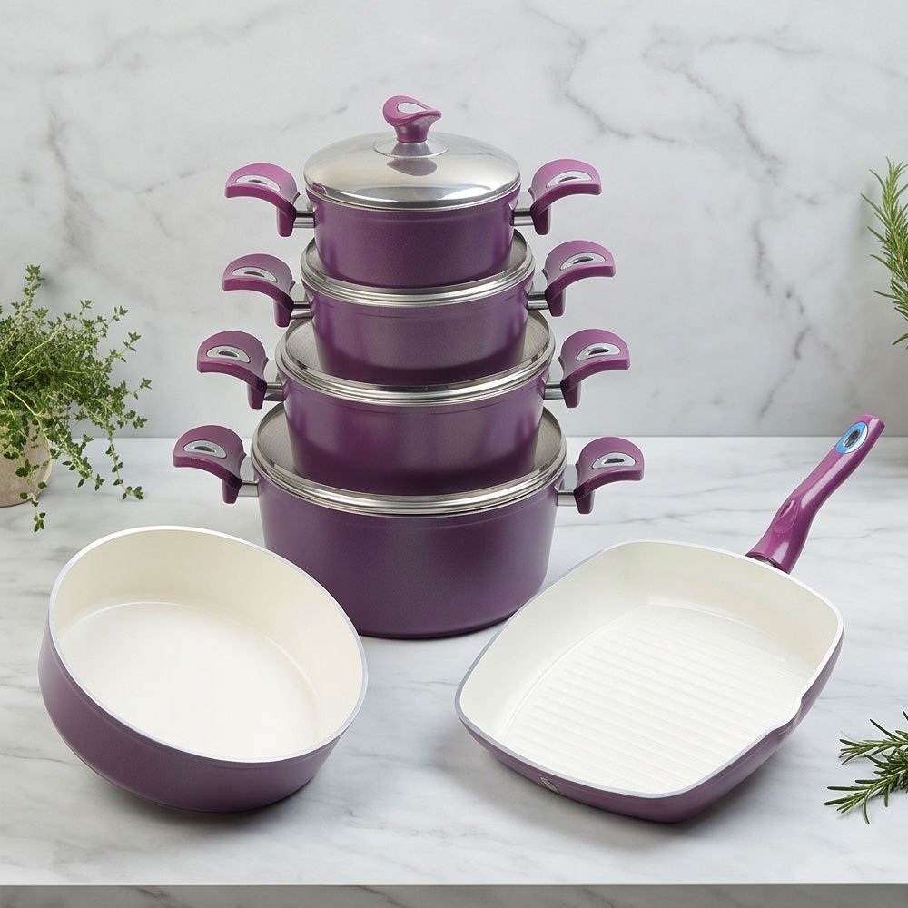 10-Piece Lines Ceramic Cookware Set in Elegant Purple with Non-Stick Interior