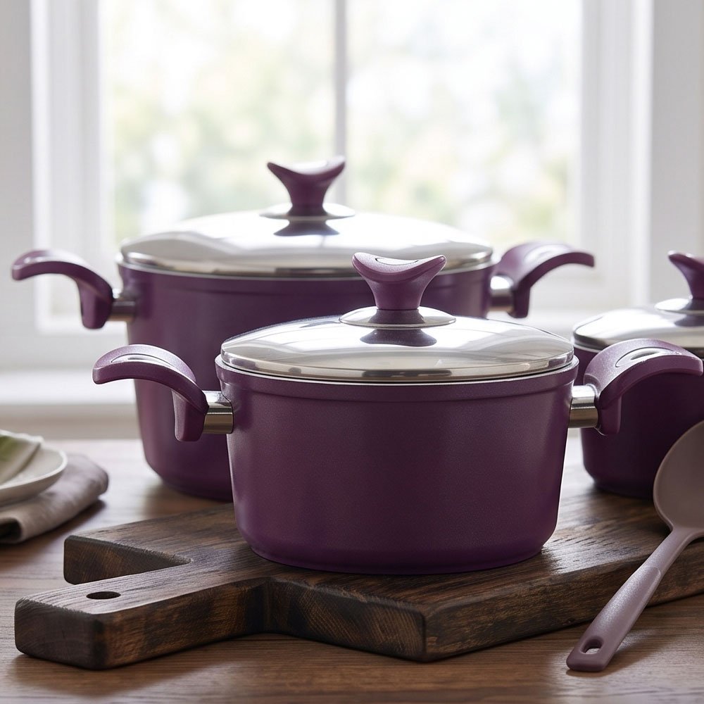 10-Piece Lines Ceramic Cookware Set in Elegant Purple with Non-Stick Interior - Image 2