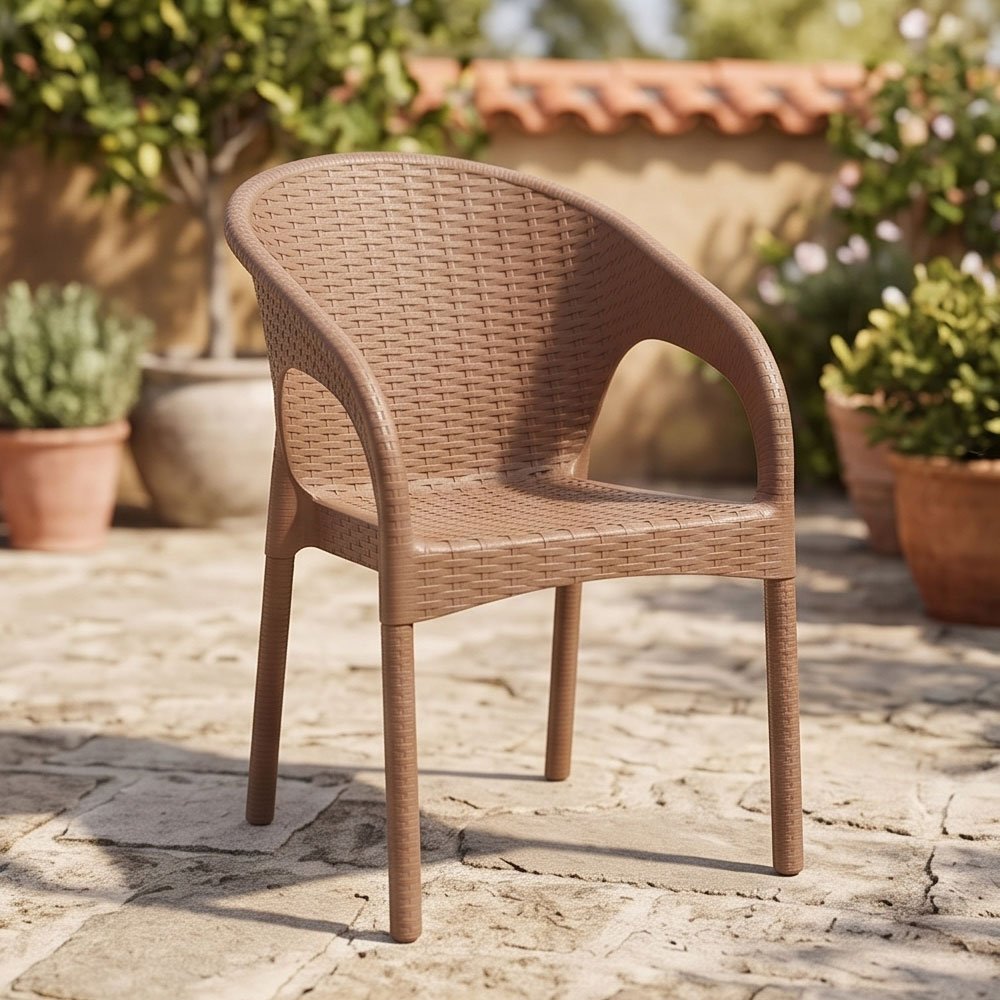 Modern Rattan Style Plastic Armchair Heavy Duty Stackable Chair for Home Garden Cafe - Brown - Image 4