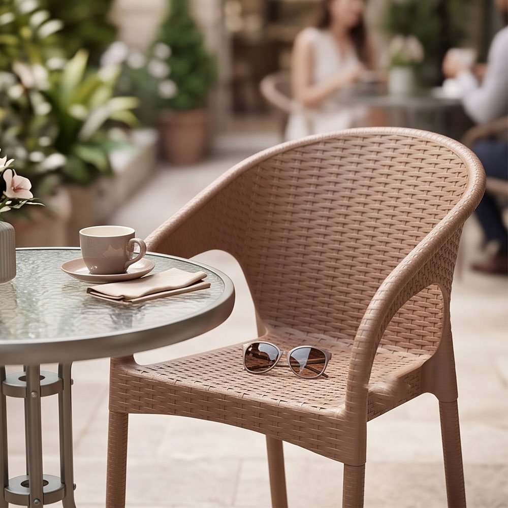 Modern Rattan Style Plastic Armchair Heavy Duty Stackable Chair for Home Garden Cafe - Brown - Image 5