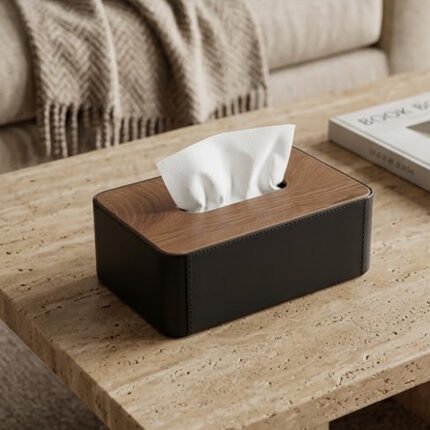 Luxury Leather Tissue Box Cover with Wooden Top Holder for Office Home and Car
