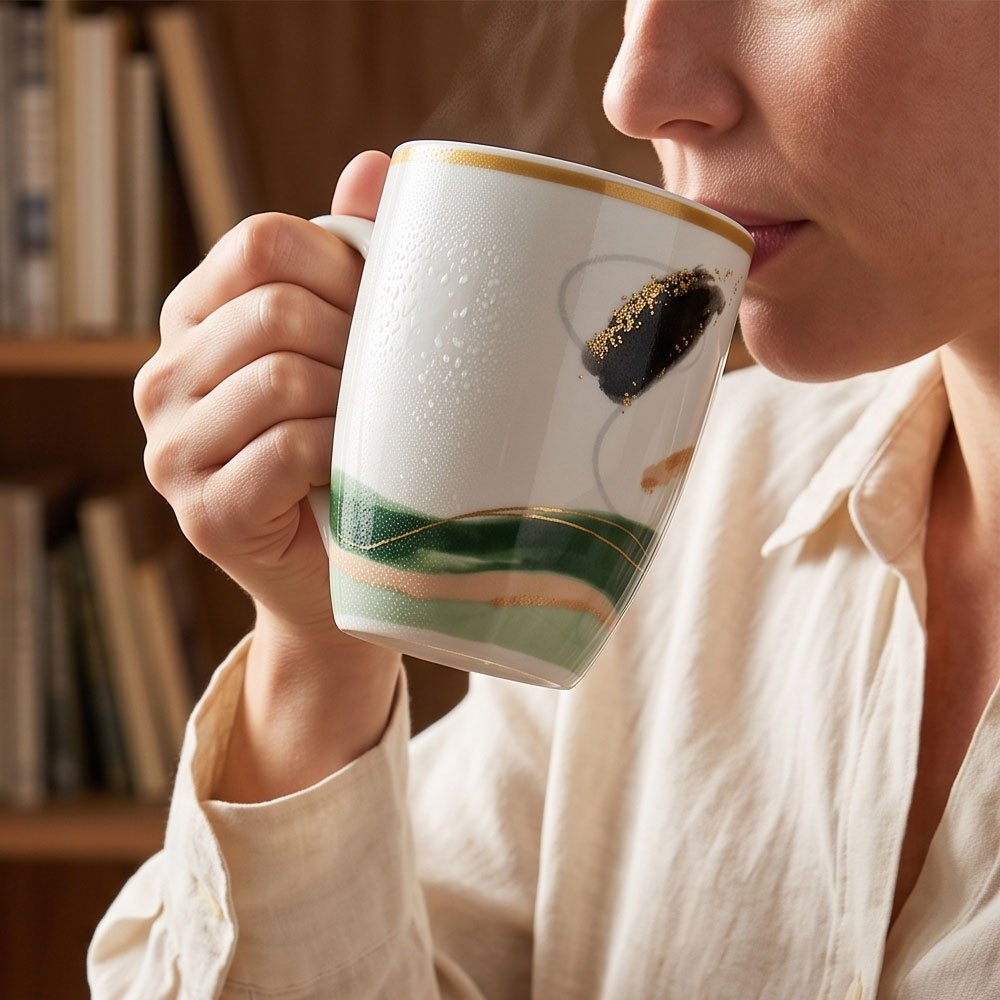 مج بورسلين للشاي والقهوة بتصميم مودرن مطبوع بمقبض مريح للمنزل والمكتب - الصورة 7