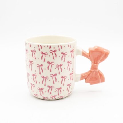 Modern Porcelain Coffee Mug with Pink Bow Pattern & 3D Bow Handle for Home & Office
