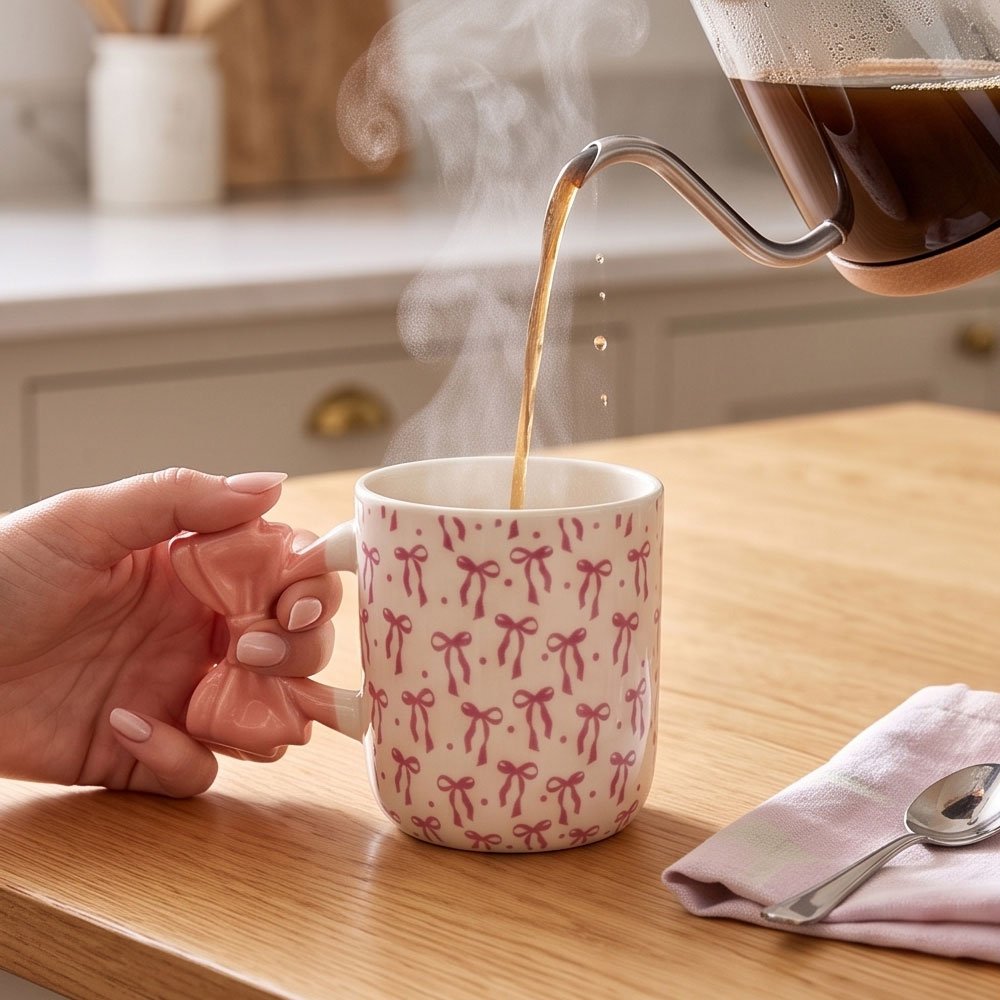 Modern Porcelain Coffee Mug with Pink Bow Pattern & 3D Bow Handle for Home & Office - Image 3