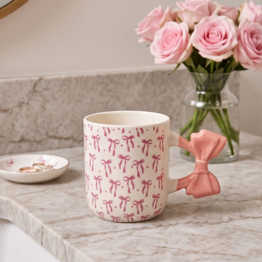 Modern Porcelain Coffee Mug with Pink Bow Pattern & 3D Bow Handle for Home & Office - Image 4