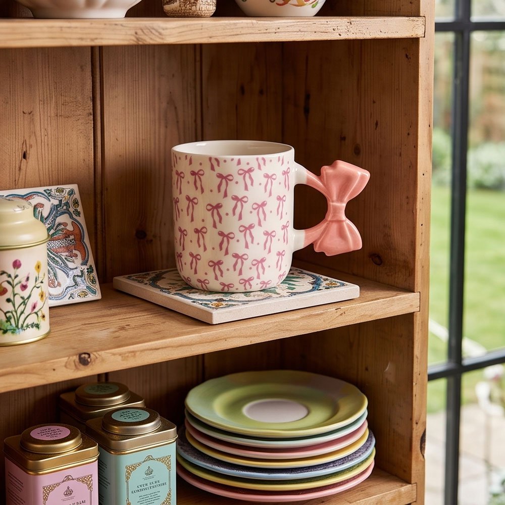Modern Porcelain Coffee Mug with Pink Bow Pattern & 3D Bow Handle for Home & Office - Image 2