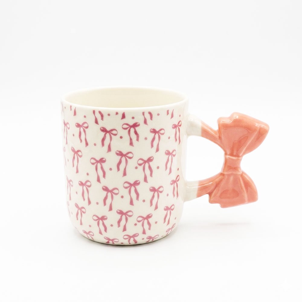 Modern Porcelain Coffee Mug with Pink Bow Pattern & 3D Bow Handle for Home & Office