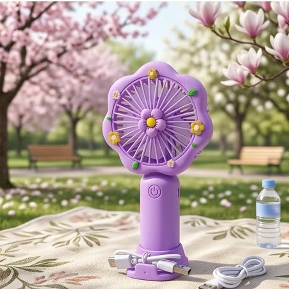 Cute Flower Mini Handheld Fan Rechargeable Portable Desk Fan with USB Cable - Image 3