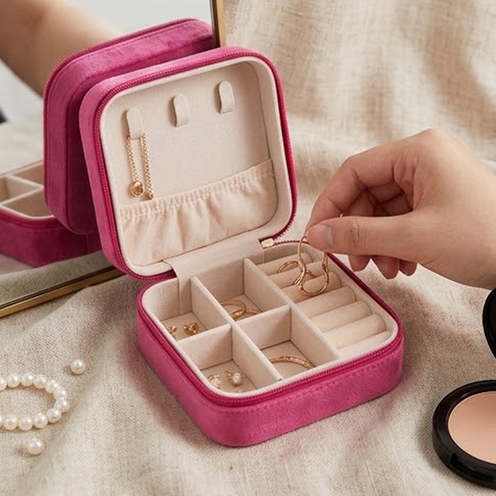 Velvet Portable Travel Jewelry Organizer Box Mini Square Case for Rings & Necklaces - Image 3