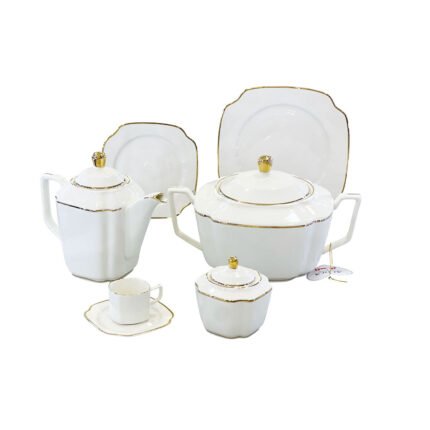 60-Piece Luxury White Square Porcelain Dinner Set with Elegant Gold Trim for Fine Dining