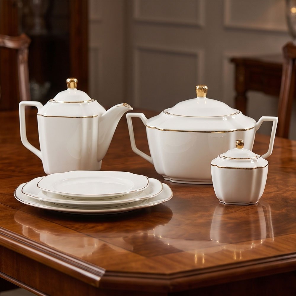 60-Piece Luxury White Square Porcelain Dinner Set with Elegant Gold Trim for Fine Dining - Image 3