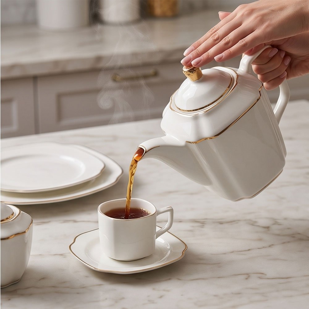60-Piece Luxury White Square Porcelain Dinner Set with Elegant Gold Trim for Fine Dining - Image 4