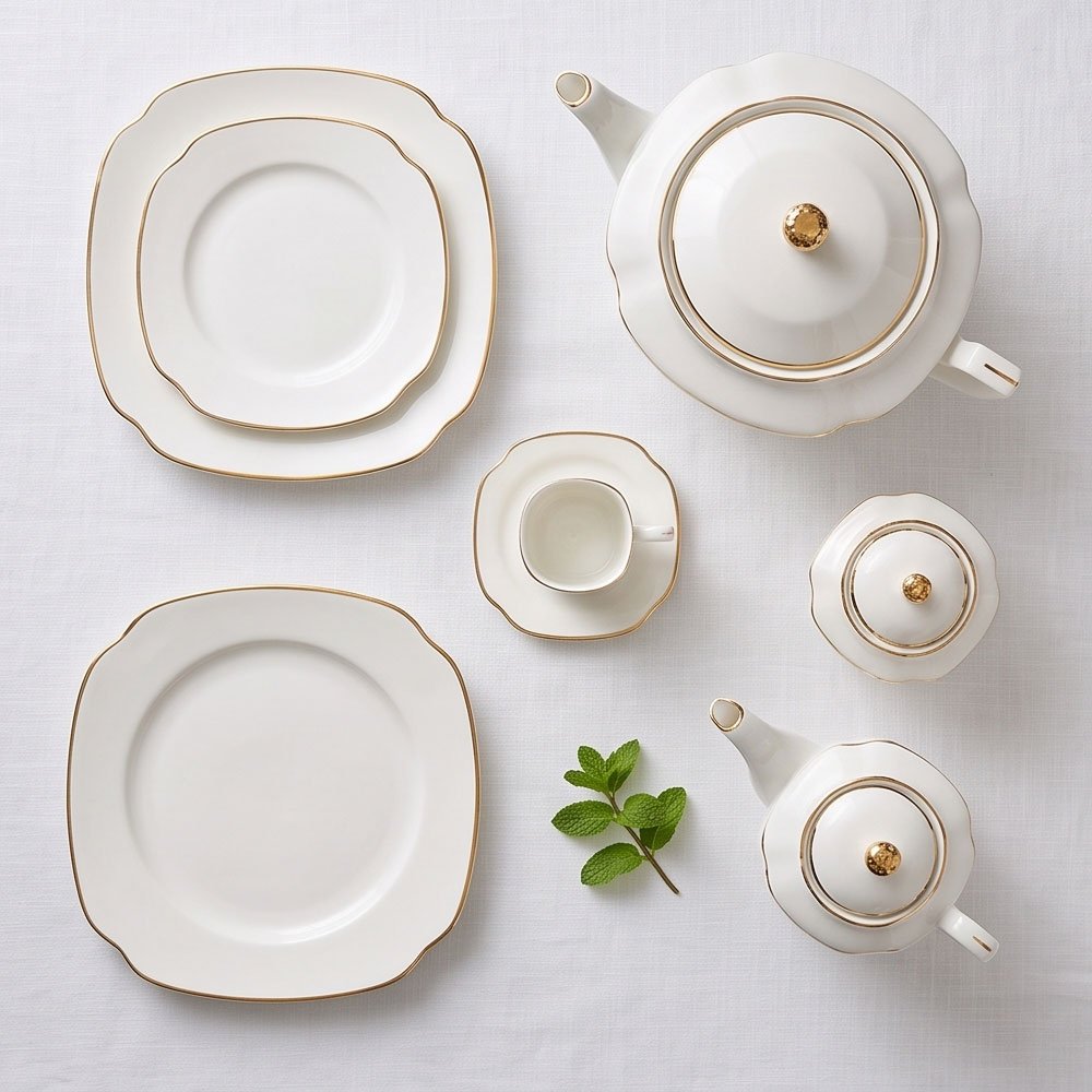 60-Piece Luxury White Square Porcelain Dinner Set with Elegant Gold Trim for Fine Dining - Image 5