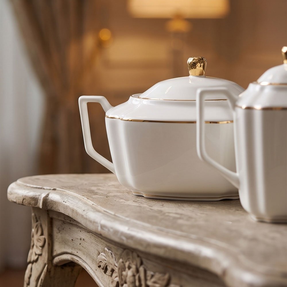 60-Piece Luxury White Square Porcelain Dinner Set with Elegant Gold Trim for Fine Dining - Image 2